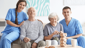 Seniors and caregivers sharing quality time during care management support.